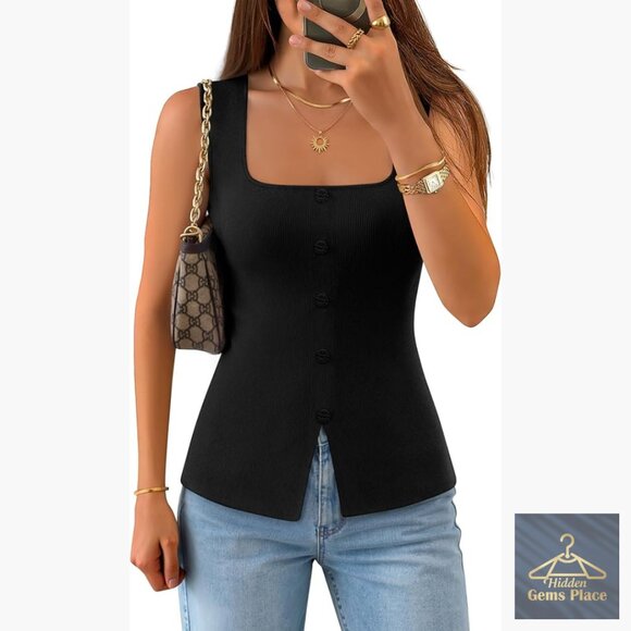 Sweaters - Sleeveless Square Neck Ribbed Knit Sweater Vest Slim Fit Tank Top